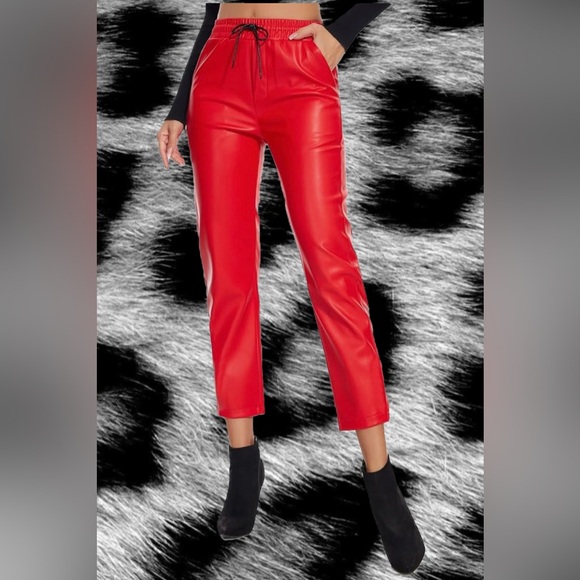 Red Faux Leather Women's Pants - Picture 1 of 7